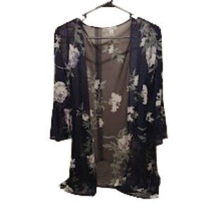 ladies navy colored sheer cardigan with belle sleeves and floral pattern